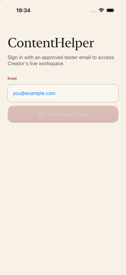 ContentHelper sign-in screen with email field and Email me a code button