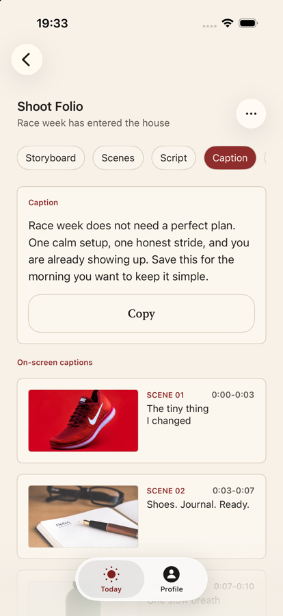 Shoot Folio Caption tab with caption text and Copy button